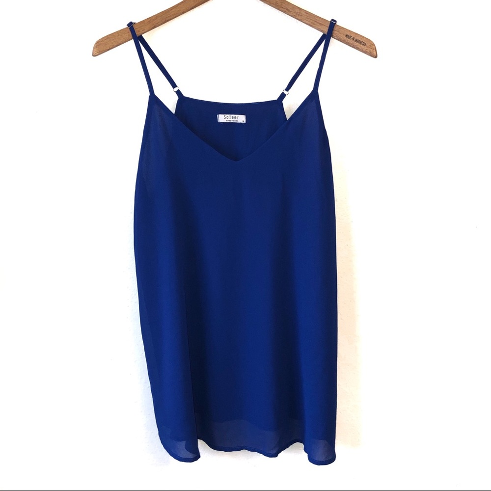 SoTeer Adjustable Strap V Neck Blue Tank Top